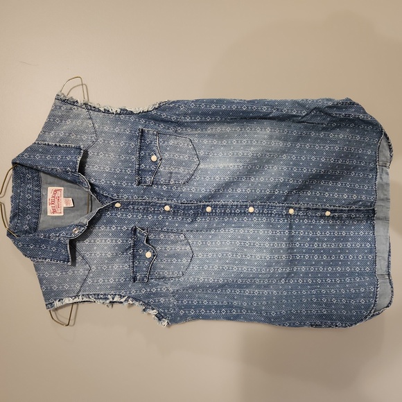 True Religion Small Sleeveless Blue Pattern Collared Shirt - Picture 1 of 4